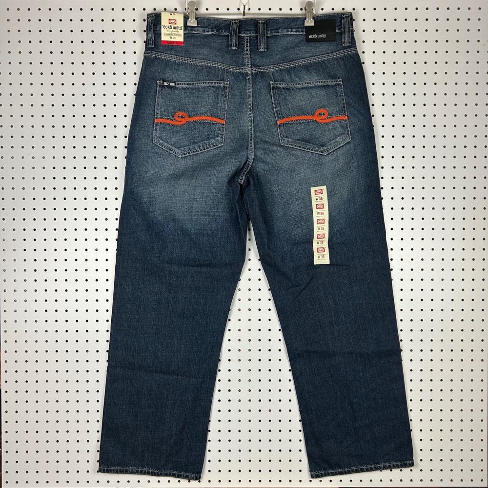 Ecko Unltd Baggy Fit Script Jeans 36x32 Blue Denim Embroidered Y2K 90s Deadstock